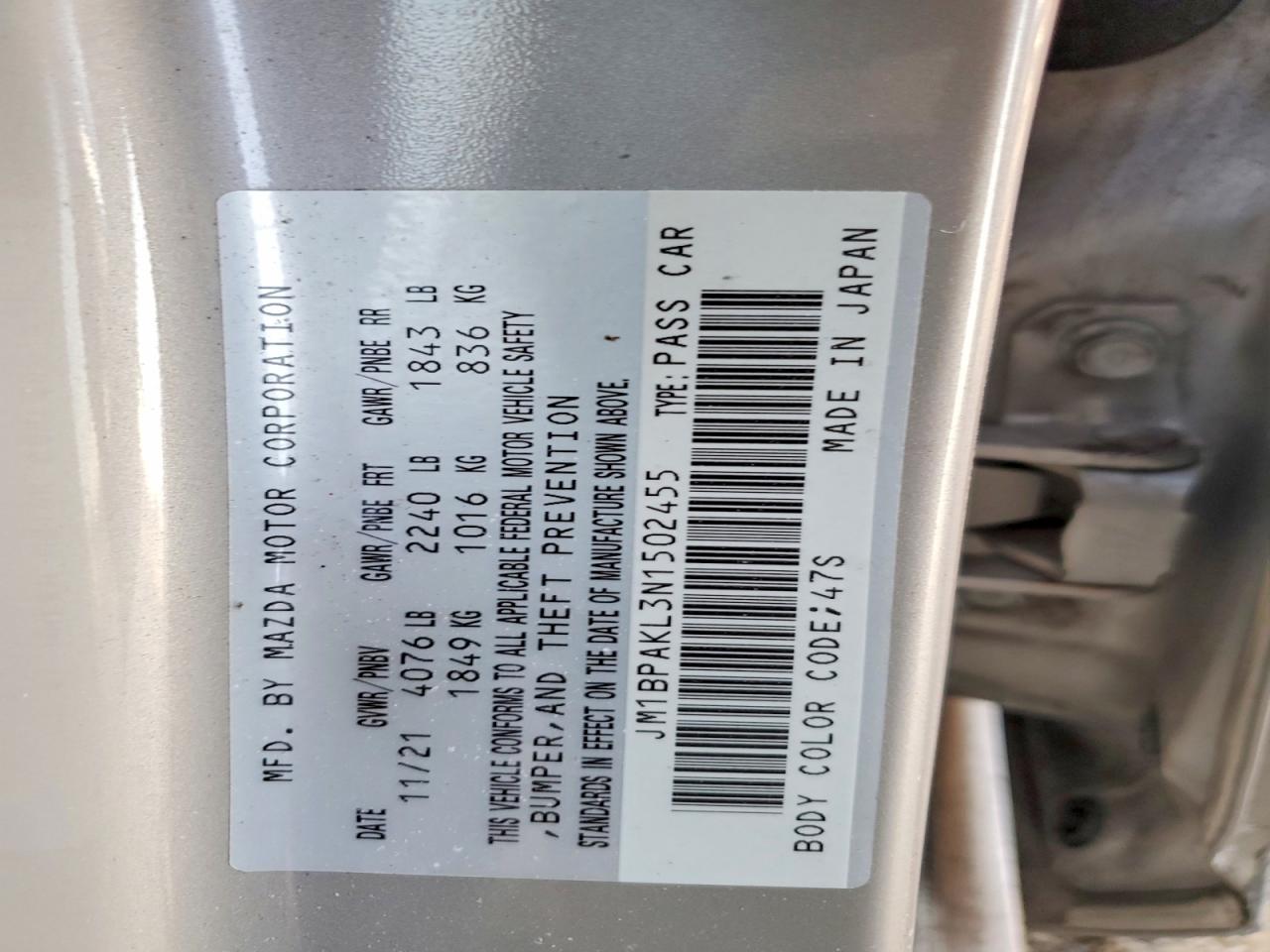 2022 Mazda 3 VIN JM1BPAKL3N1502455 photo 12