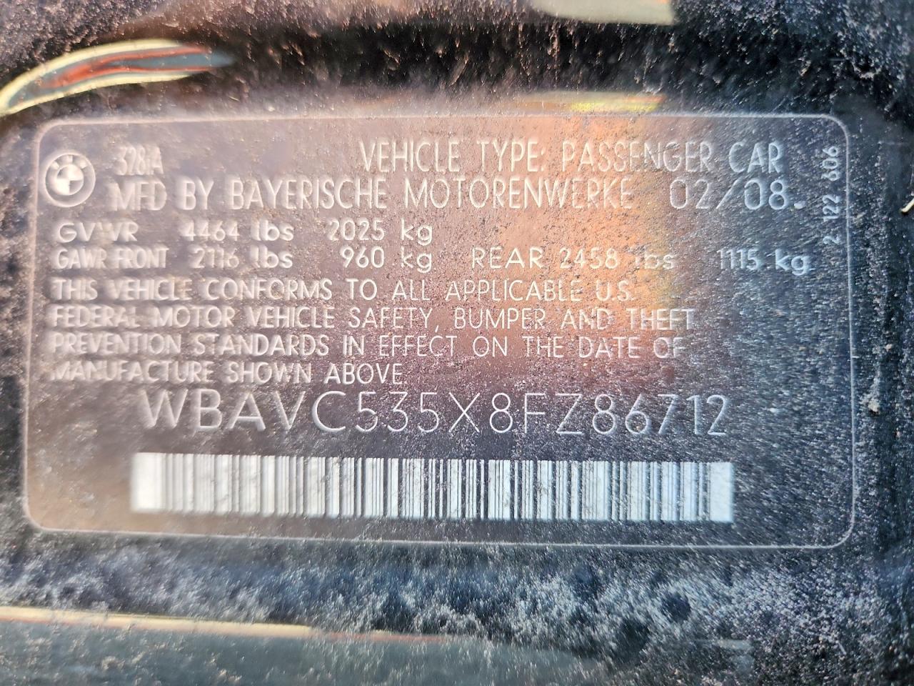 2008 BMW 3 series VIN WBAVC535X8FZ86712 photo 12