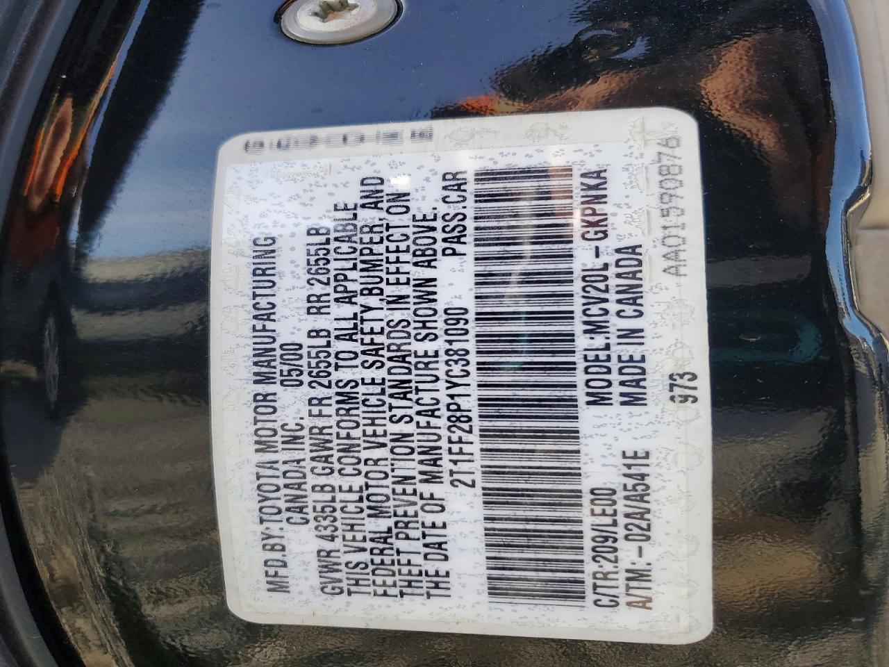 2000 TOYOTA Camry sola VIN 2T1FF28P1YC381090 photo 12