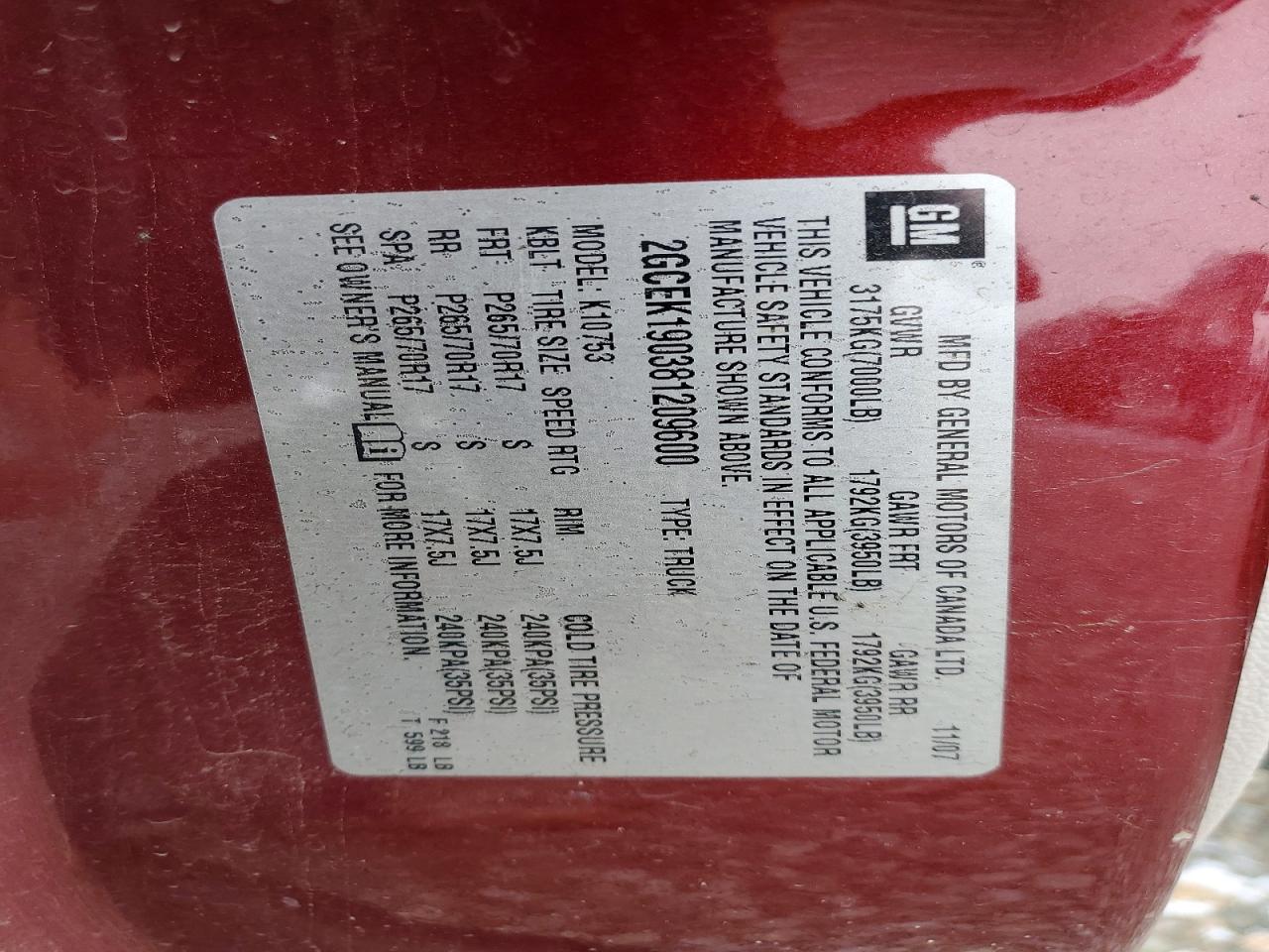 2008 CHEVROLET All models VIN 2GCEK190381209600 photo 12