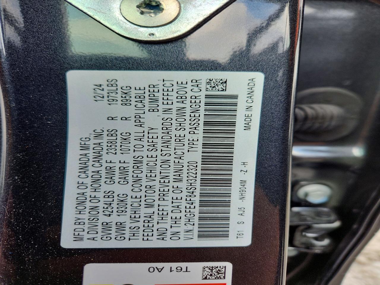 2025 Honda Civic VIN 2HGFE4F84SH322320 photo 12