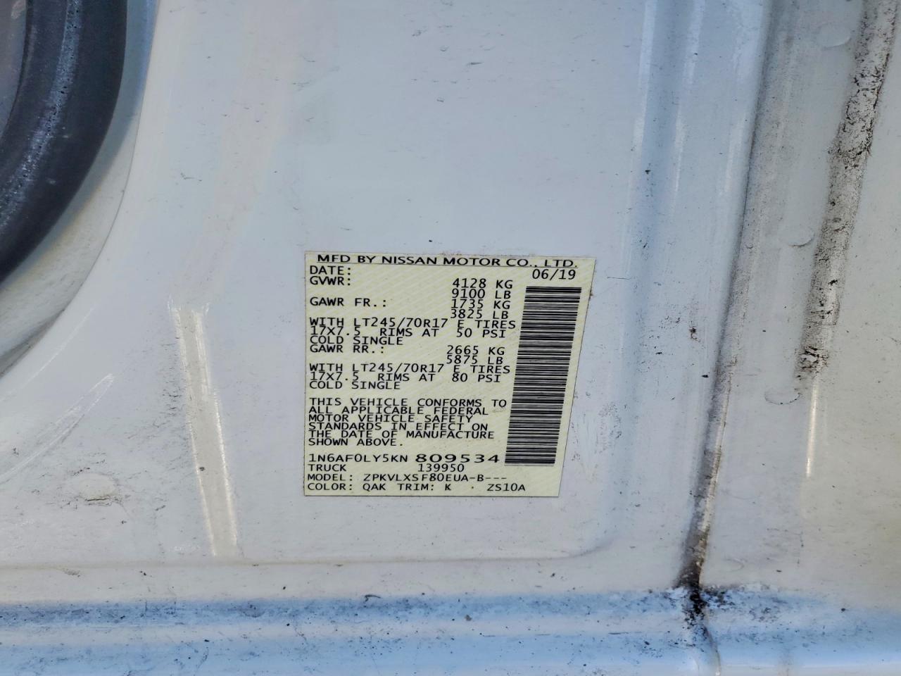 2019 Nissan Nv VIN 1N6AF0LY5KN809534 photo 10