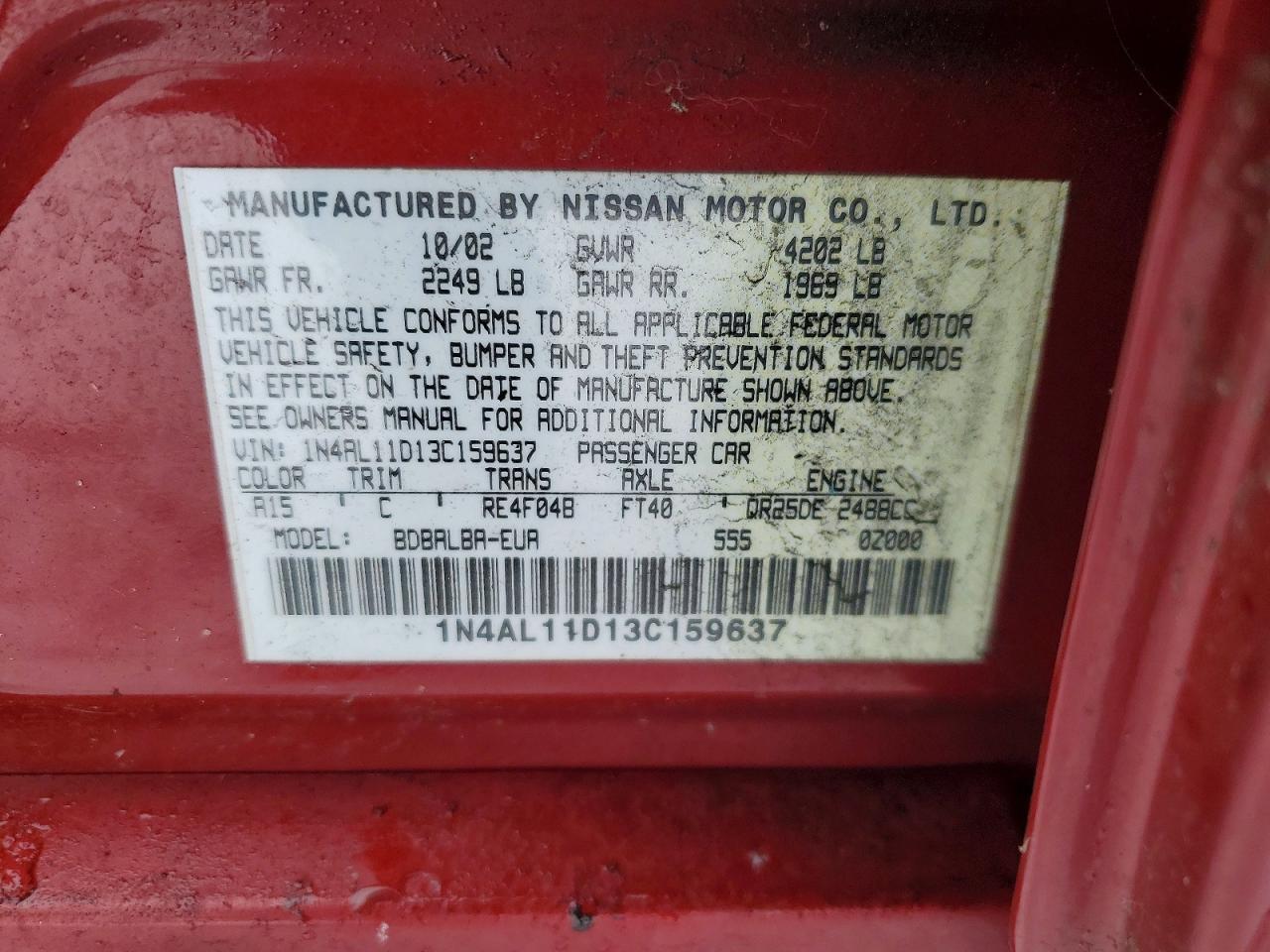 2003 Nissan Altima VIN 1N4AL11D13C159637 photo 12