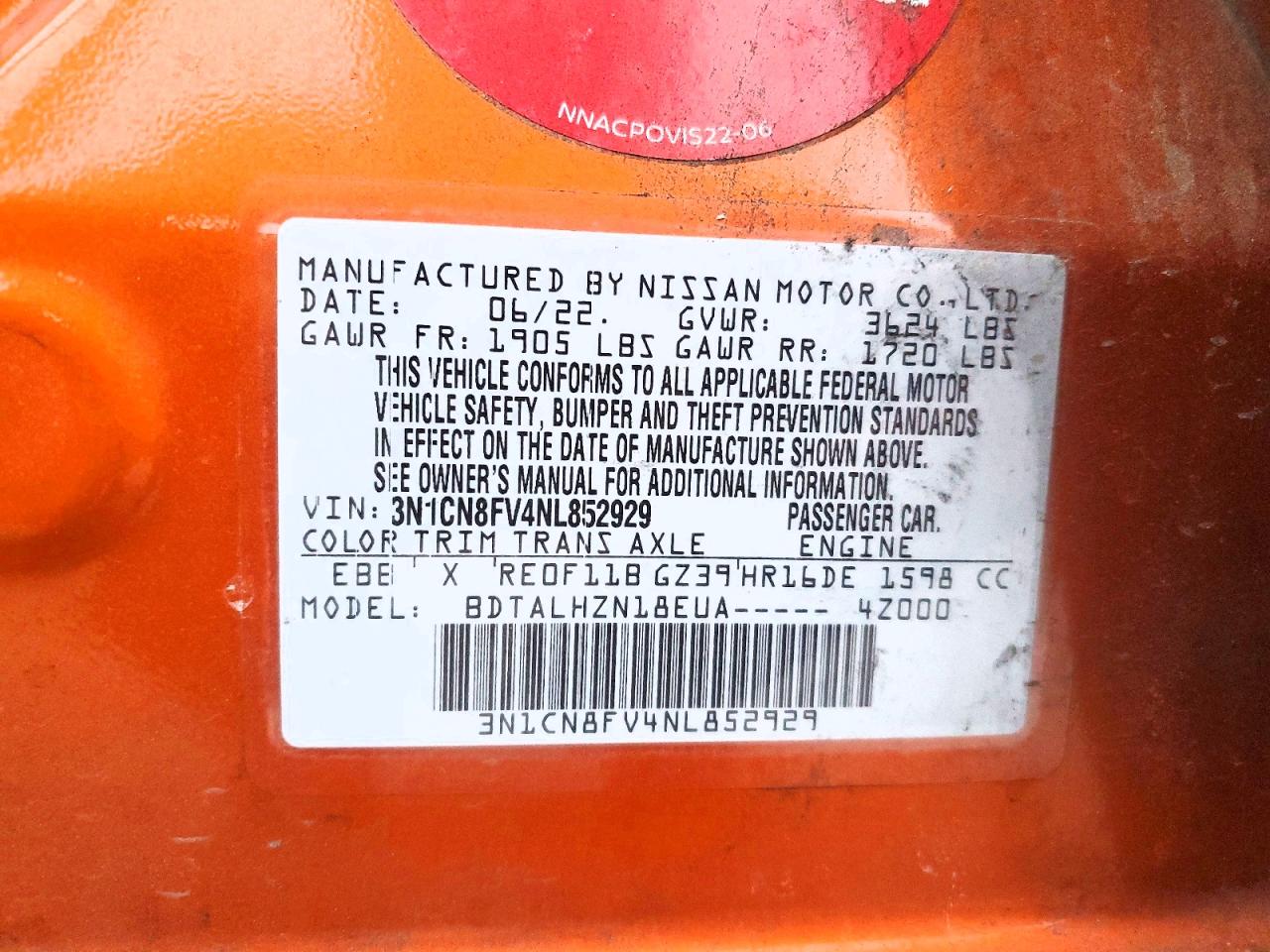 2022 Nissan Versa VIN 3N1CN8FV4NL852929 photo 12