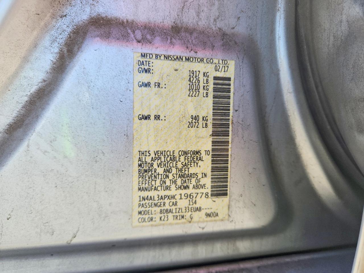 2017 Altima VIN 1N4AL3APXHC196778 photo 12