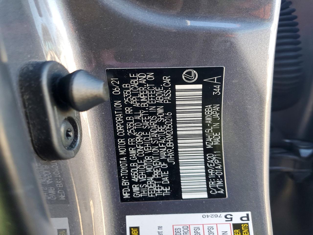 2021 Lexus Ux 250h VIN JTHX9JBHXM2050216 photo 12
