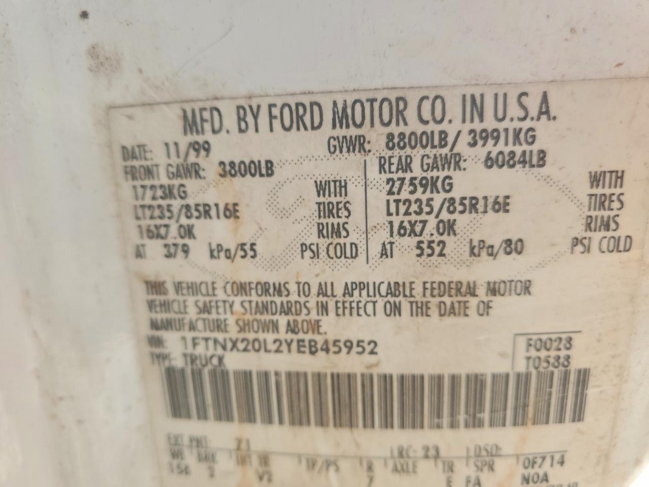 2000 Ford F250 VIN 1FTNX20L2YEB45952 photo 12