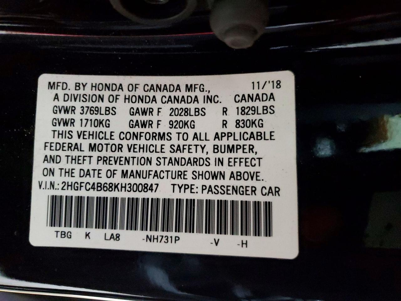 2019 Civic VIN 2HGFC4B68KH300847 photo 12
