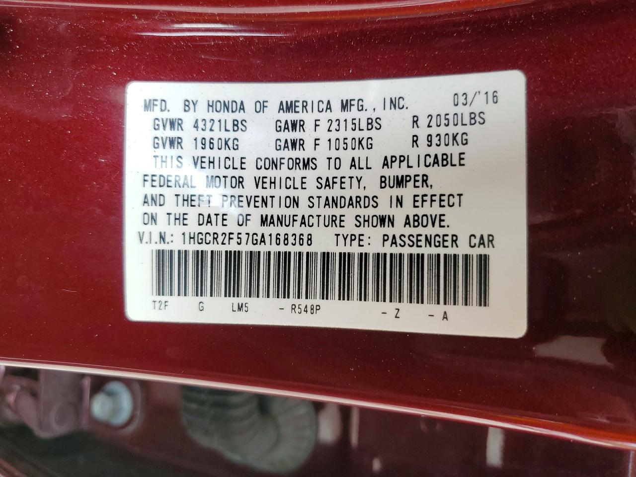 2016 HONDA Accord VIN 1HGCR2F57GA168368 photo 12