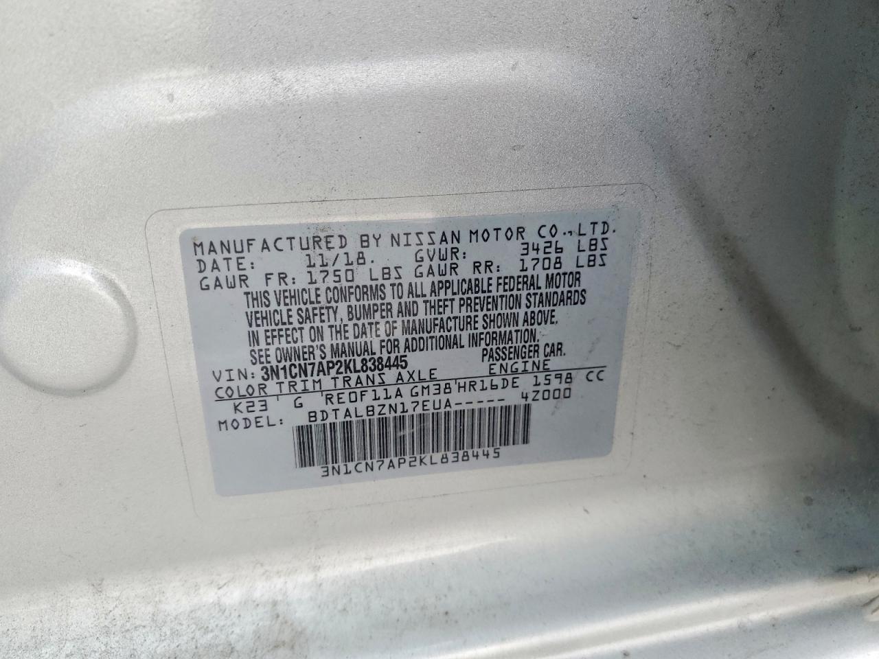 2019 Niss Versa VIN 3N1CN7AP2KL838445 photo 12