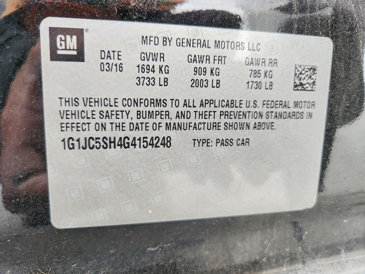 2016 Chevrolet SONIC VIN 1G1JC5SH4G4154248 photo 12