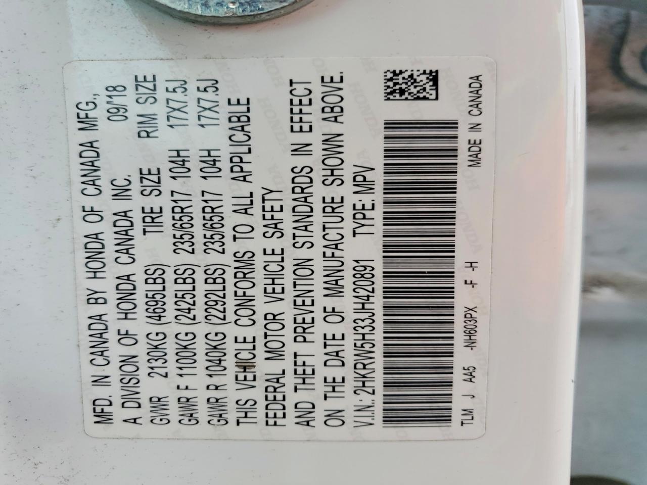 2018 Honda Crv VIN 2HKRW5H33JH420891 photo 12