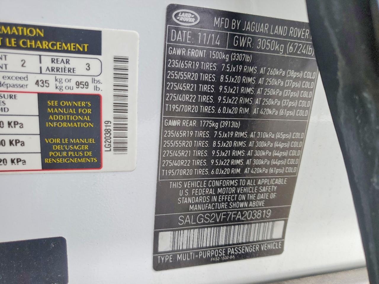 2015 Land Rangerover VIN SALGS2VF7FA203819 photo 12