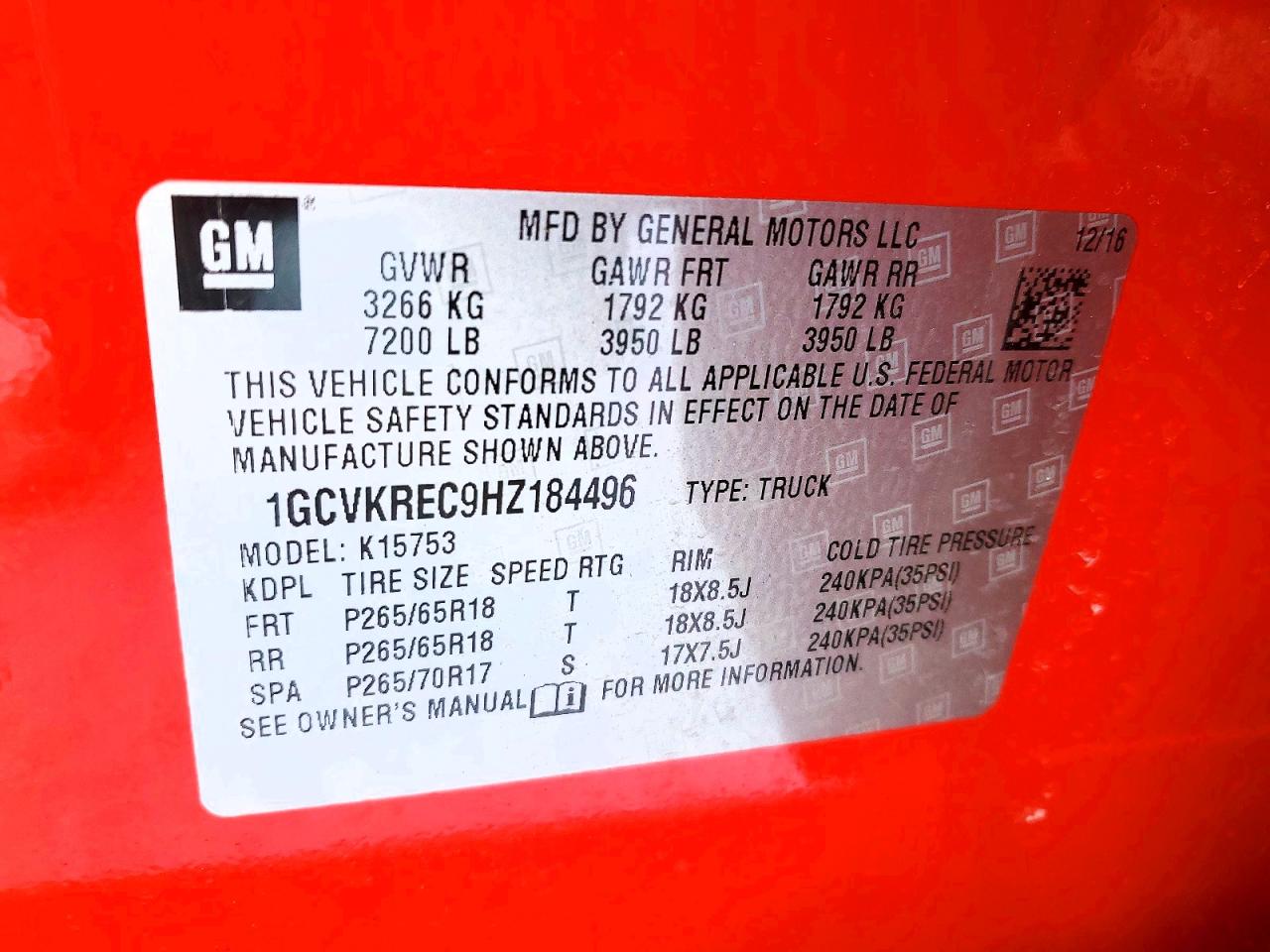 2017 Chevrolet All models VIN 1GCVKREC9HZ184496 photo 12