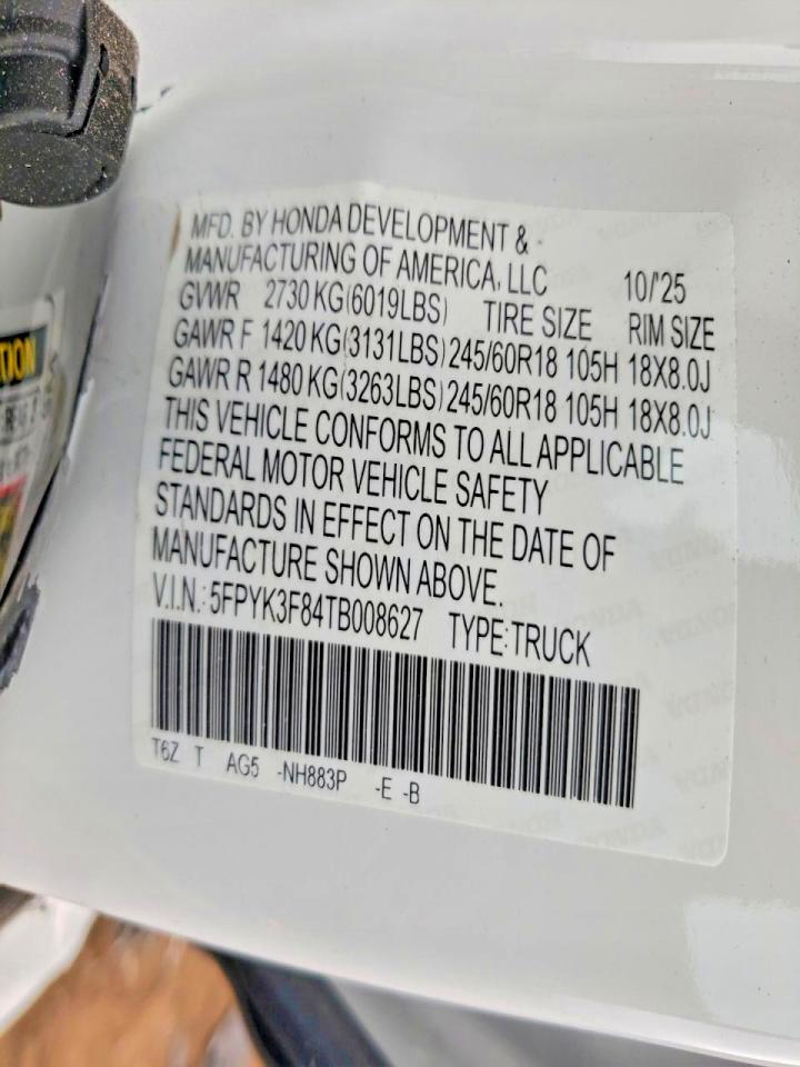 2026 Honda Ridgeline VIN 5FPYK3F84TB008627 photo 12