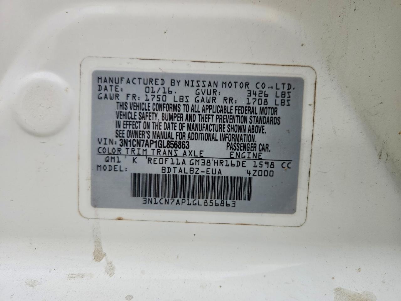 2016 NISS Versa VIN 3N1CN7AP1GL856863 photo 12