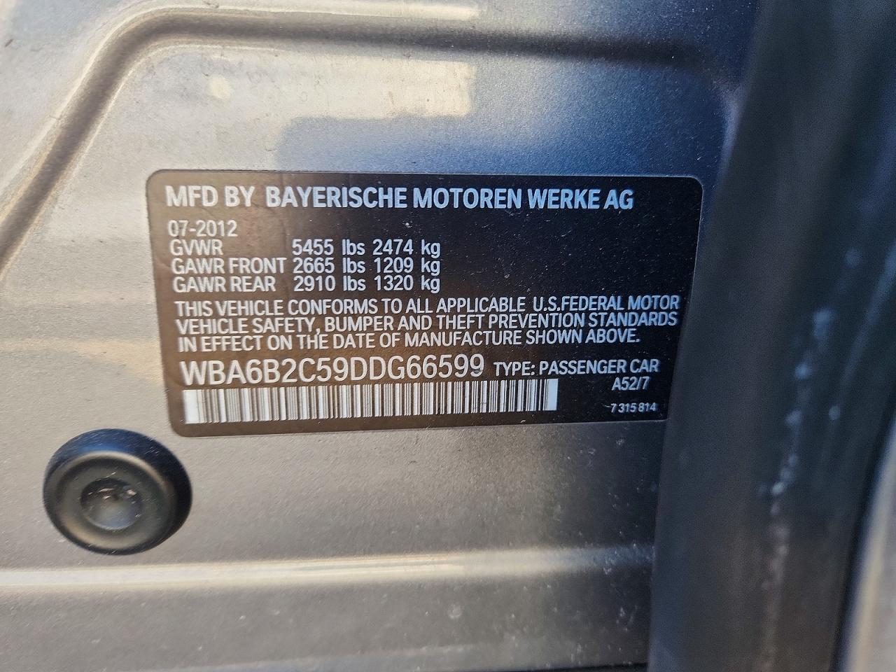 2013 BMW 6 series VIN WBA6B2C59DDG66599 photo 12