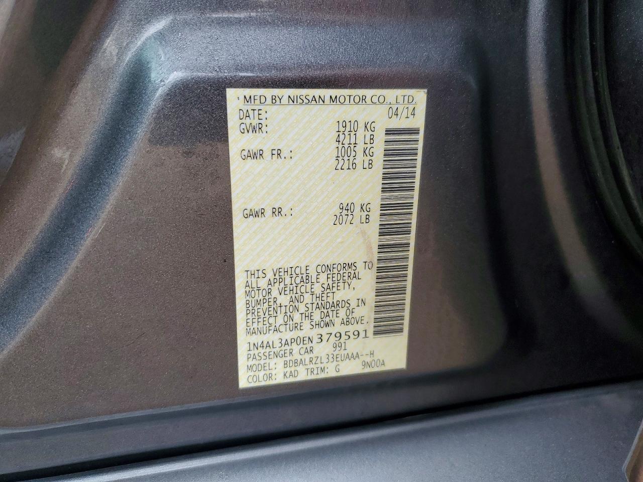 2014 NISS Altima VIN 1N4AL3AP0EN379591 photo 12