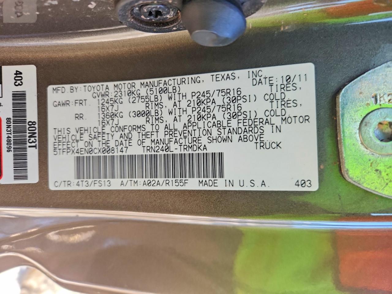 2012 Toyota All models VIN 5TFPX4EN0CX008147 photo 12