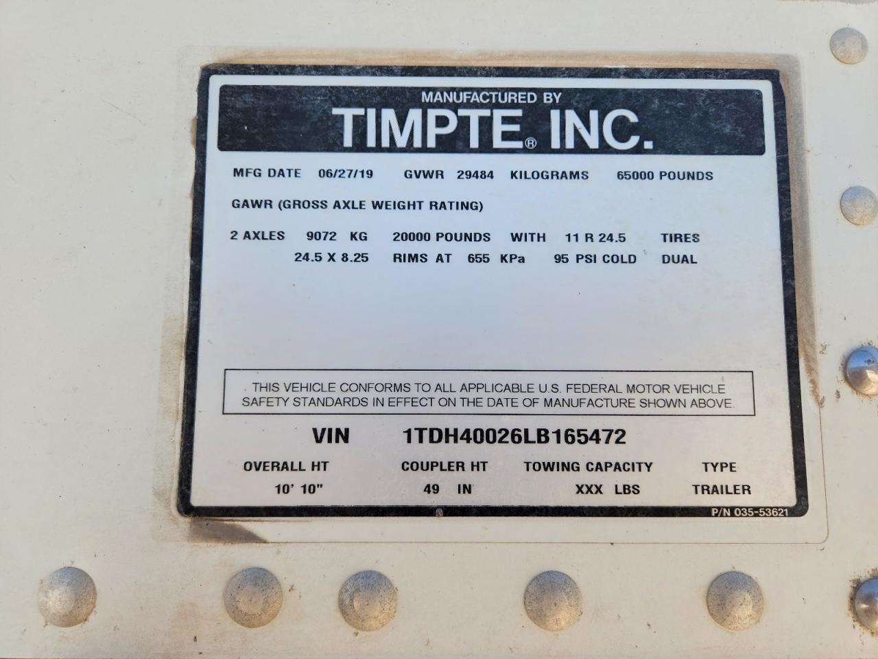 2020 TIMPTE GRAIN TRAILER VIN 1TDH40026LB165472 photo 10