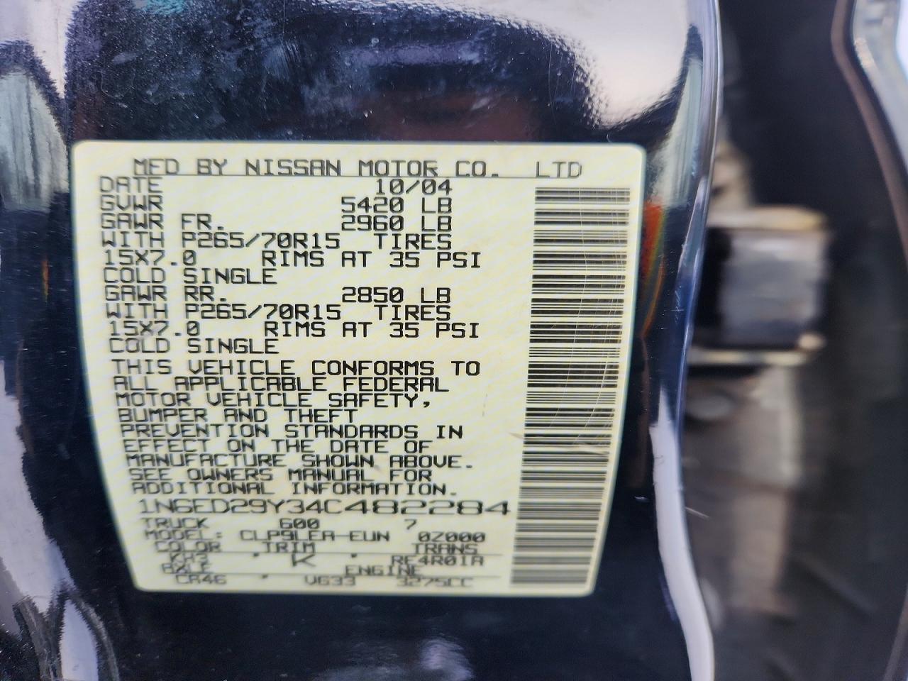 2004 Nissan Frontier VIN 1N6ED29Y34C482284 photo 12