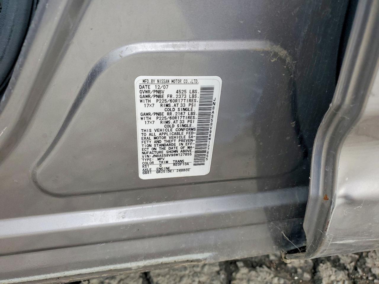 2008 Nissan Rogue VIN JN8AS58V98W127855 photo 12