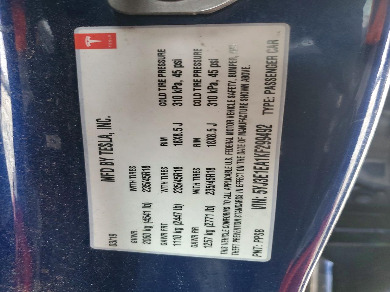 2019 Tesla Model 3 VIN 5YJ3E1EA1KF299492 photo 12