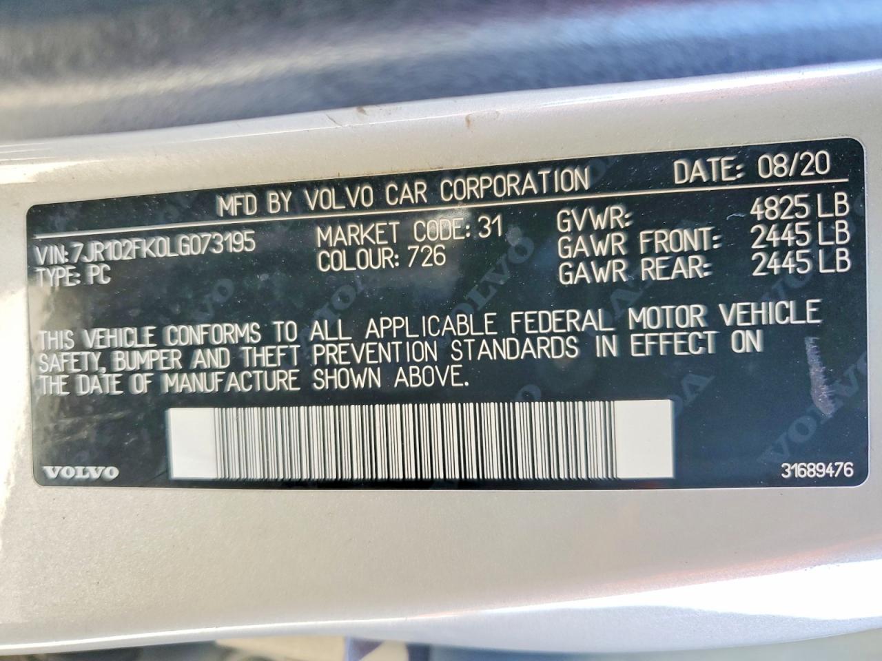 2020 Volv S60 VIN 7JR102FK0LG073195 photo 12