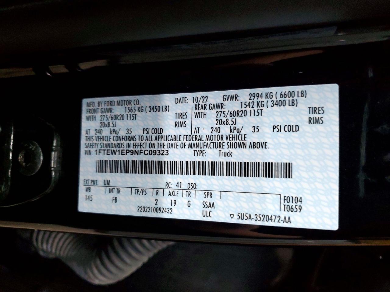 2022 Ford F150 VIN 1FTEW1EP9NFC09323 photo 12