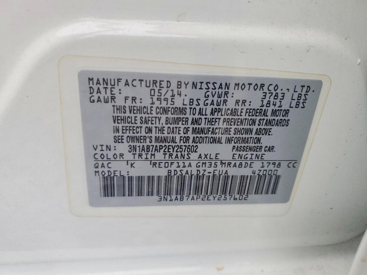2014 NISS Sentra VIN 3N1AB7AP2EY257602 photo 12