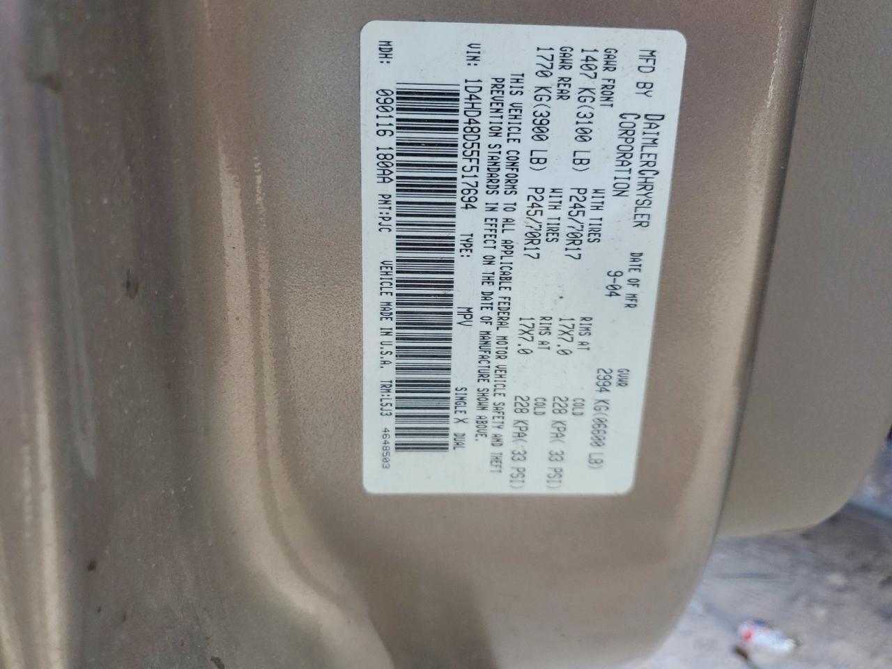2005 Dodge Durango VIN 1D4HD48D55F517694 photo 12