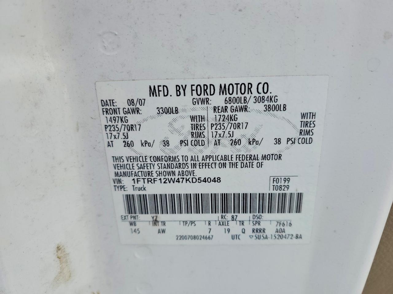 2007 Ford F150 VIN 1FTRF12W47KD54048 photo 12