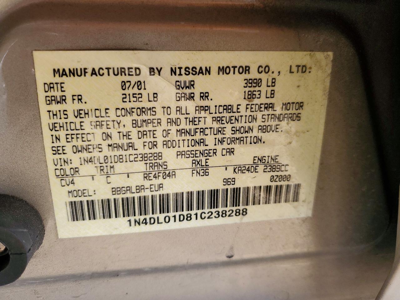 2001 Nissan Altima VIN 1N4DL01D81C238288 photo 12