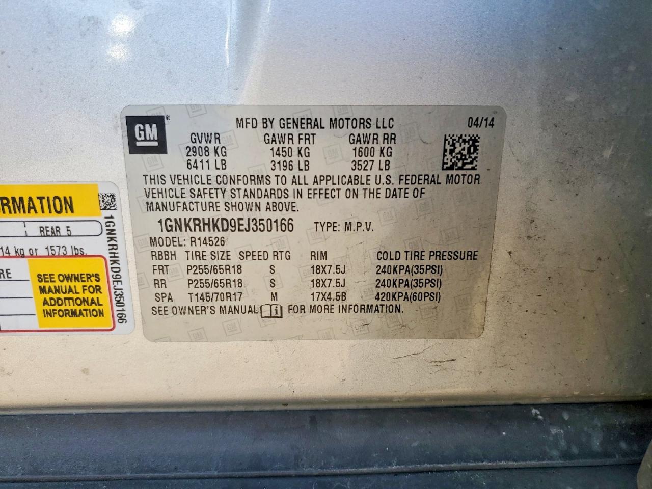 2014 CHEV Traverse VIN 1GNKRHKD9EJ350166 photo 12