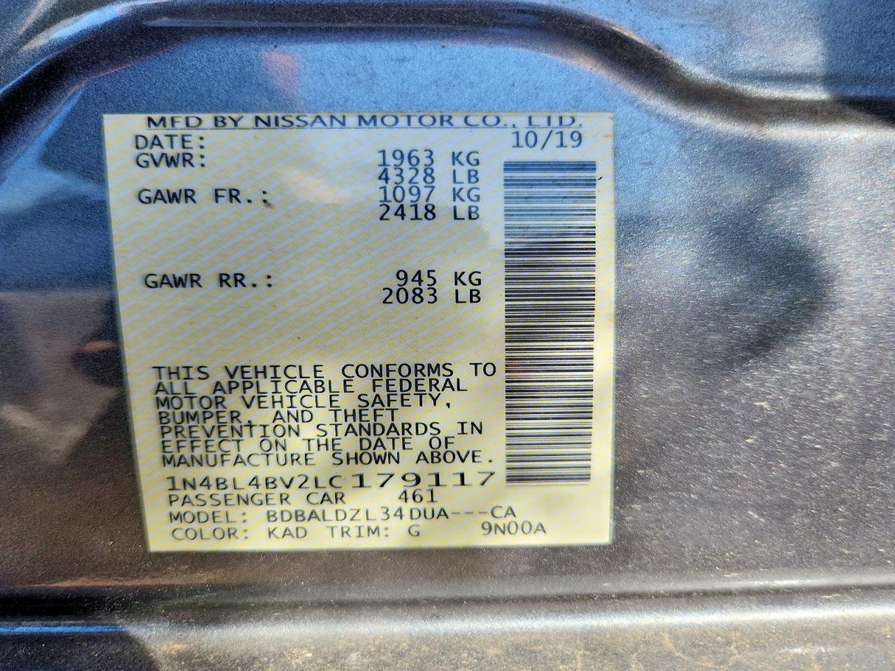 2020 Nissan Altima VIN 1N4BL4BV2LC179117 photo 12