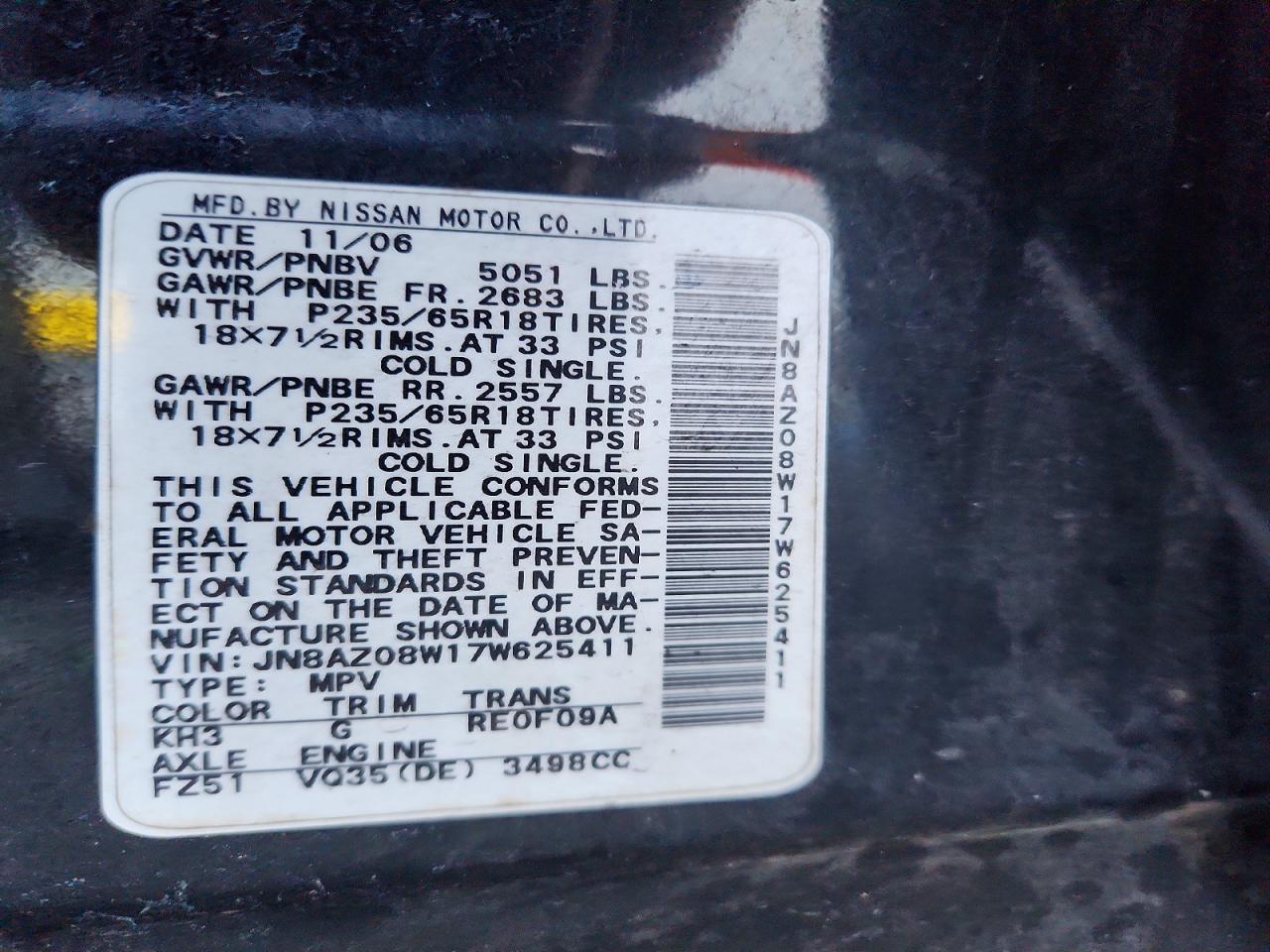 2007 NISS Murano VIN JN8AZ08W17W625411 photo 12