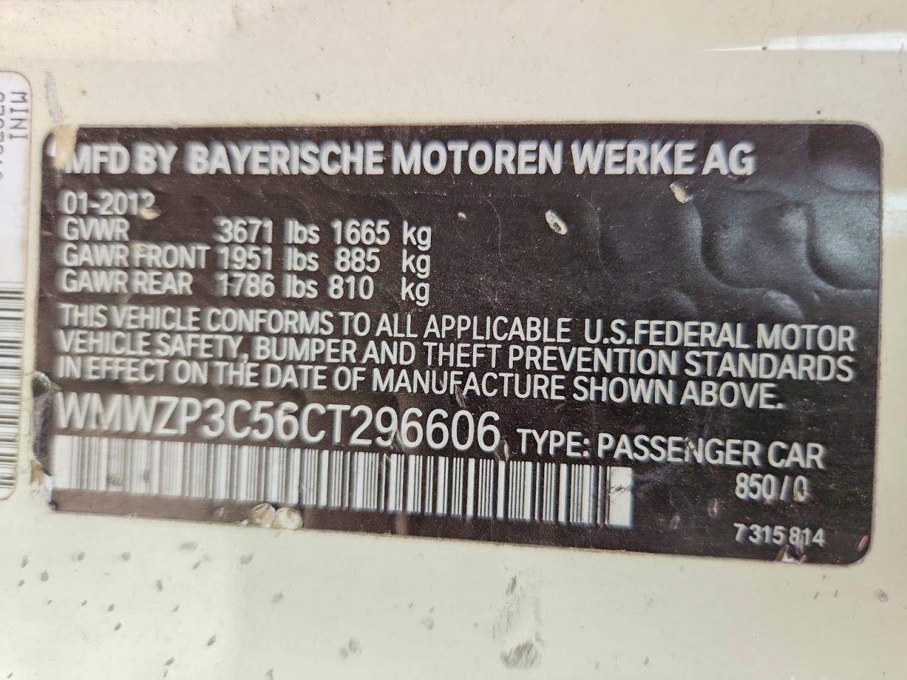 2012 Mini Cooper VIN WMWZP3C56CT296606 photo 12