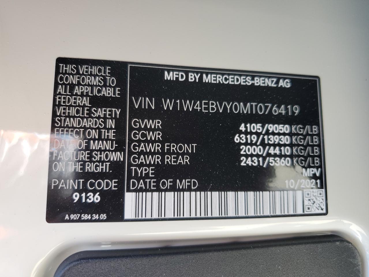 2021 MERCEDES-BENZ Sprinter VIN W1W4EBVY0MT076419 photo 10