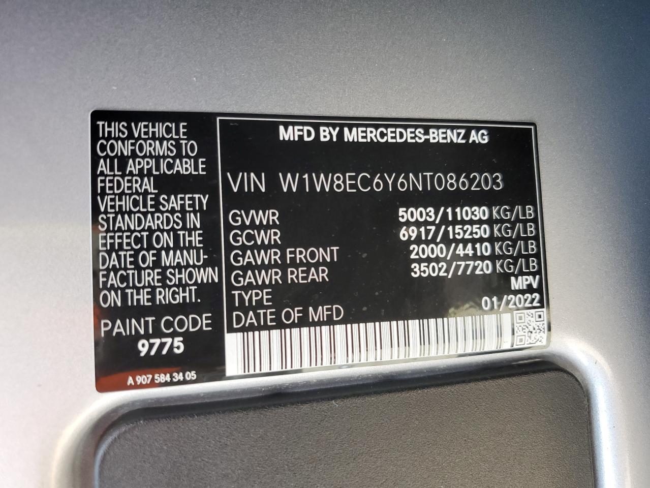 2022 MERCEDES-BENZ Sprinter VIN W1W8EC6Y6NT086203 photo 10