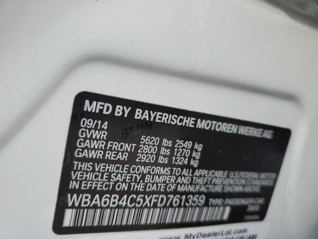 2015 BMW 6 series VIN WBA6B4C5XFD761359 photo 12