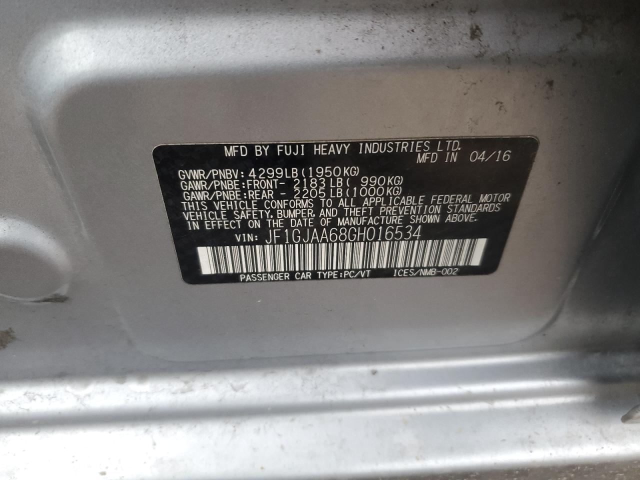 2016 SUBARU Impreza VIN JF1GJAA68GH016534 photo 12