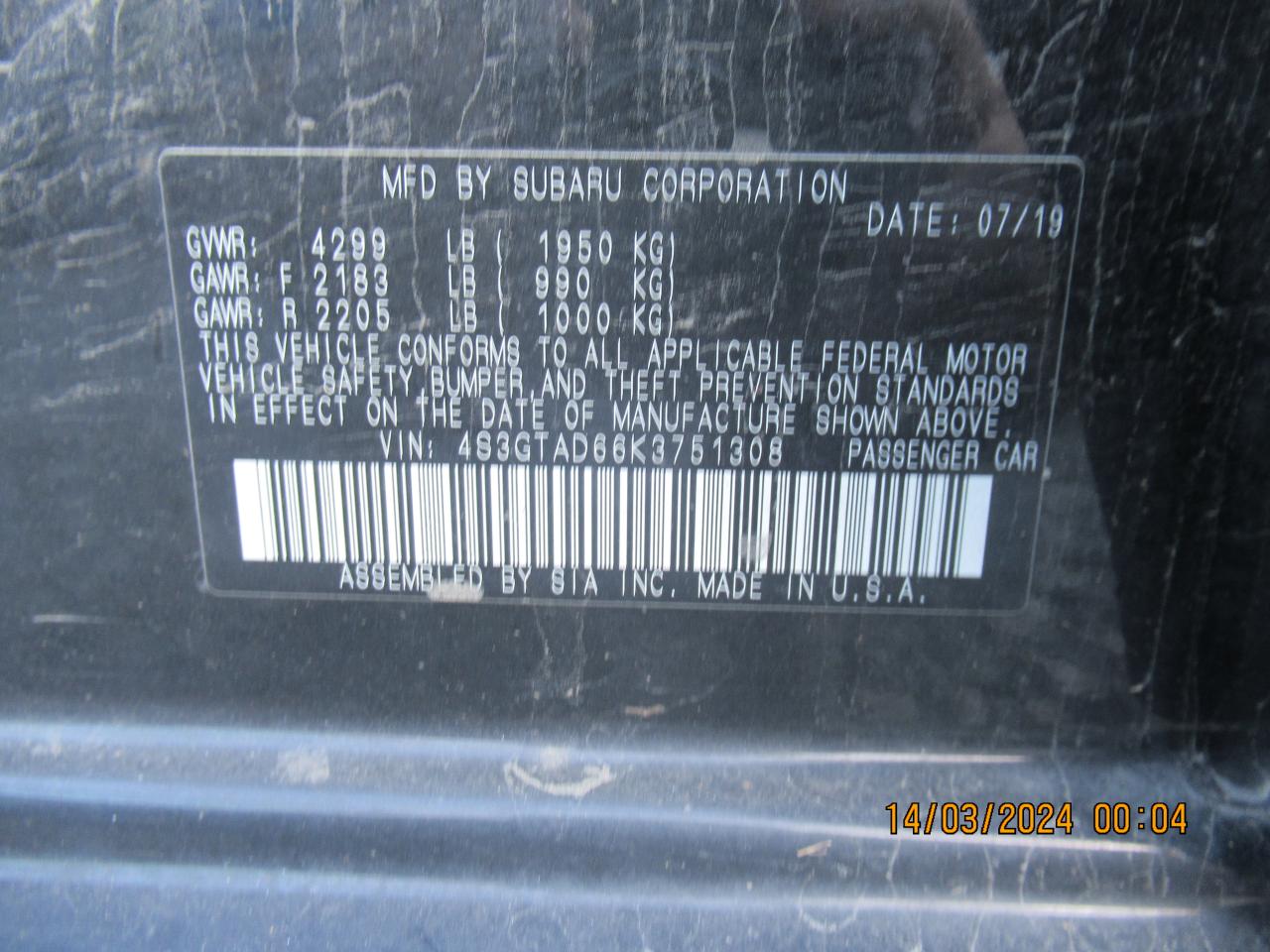 2019 SUBARU Impreza VIN 4S3GTAD66K3751308 photo 9