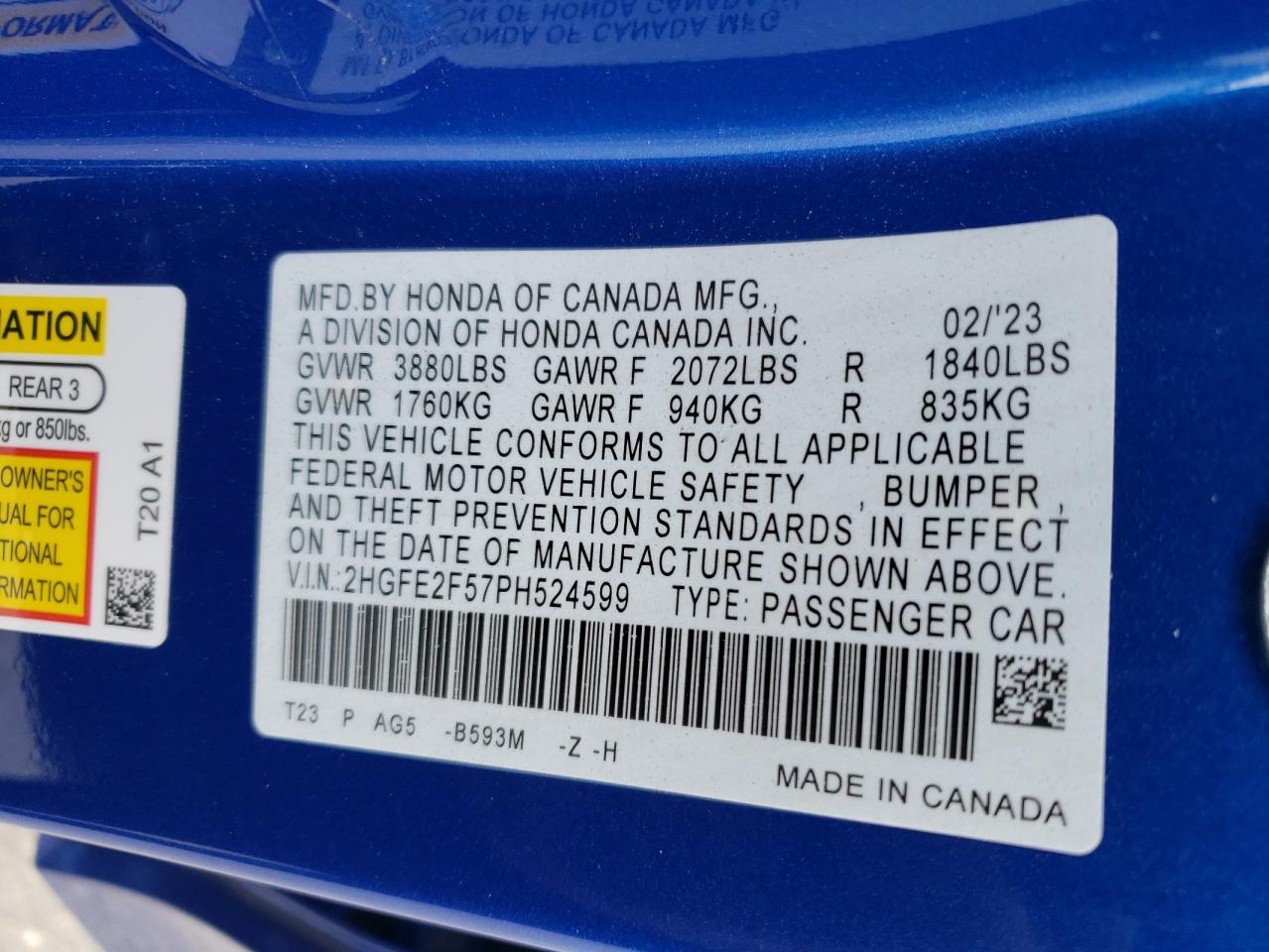 2023 HONDA Civic VIN 2HGFE2F57PH524599 photo 12