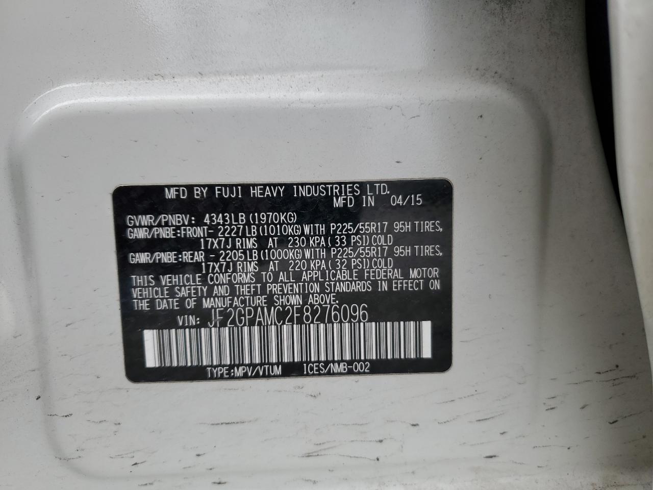 2015 SUBARU Xv VIN JF2GPAMC2F8276096 photo 12