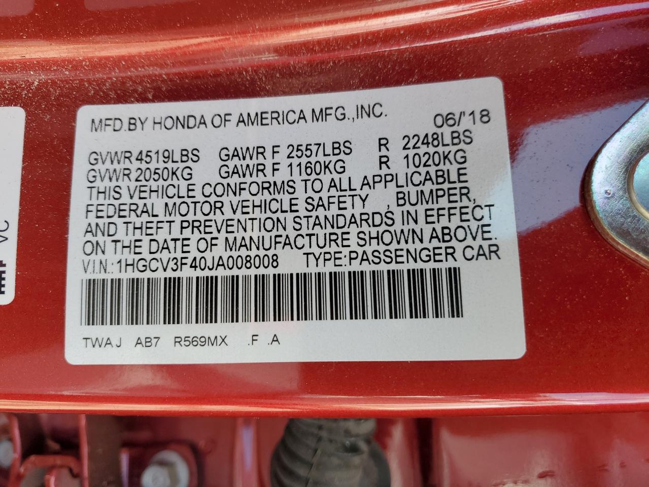 2018 Honda Accord VIN 1HGCV3F40JA008008 photo 12