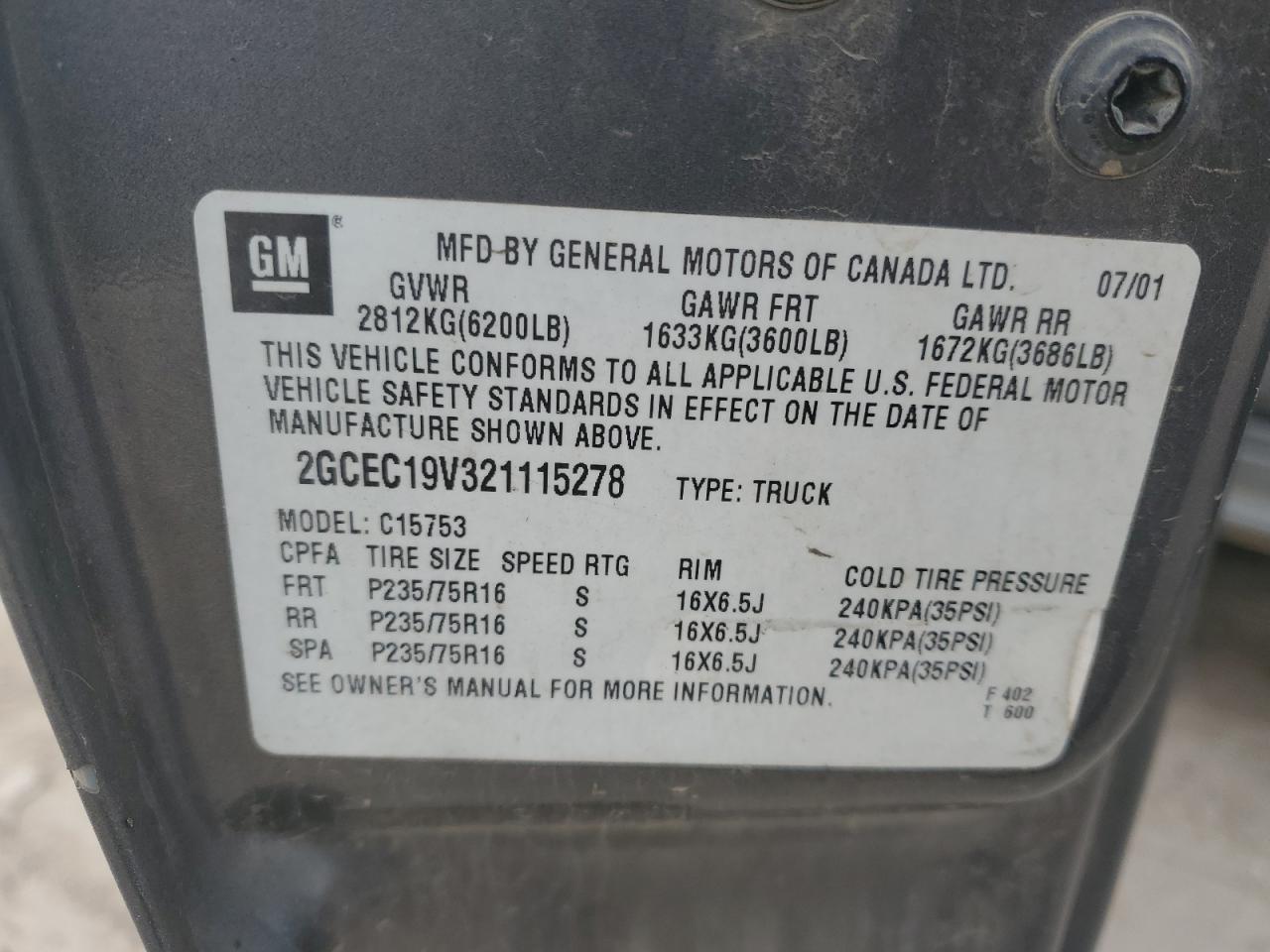 2002 Chevrolet All models VIN 2GCEC19V321115278 photo 12