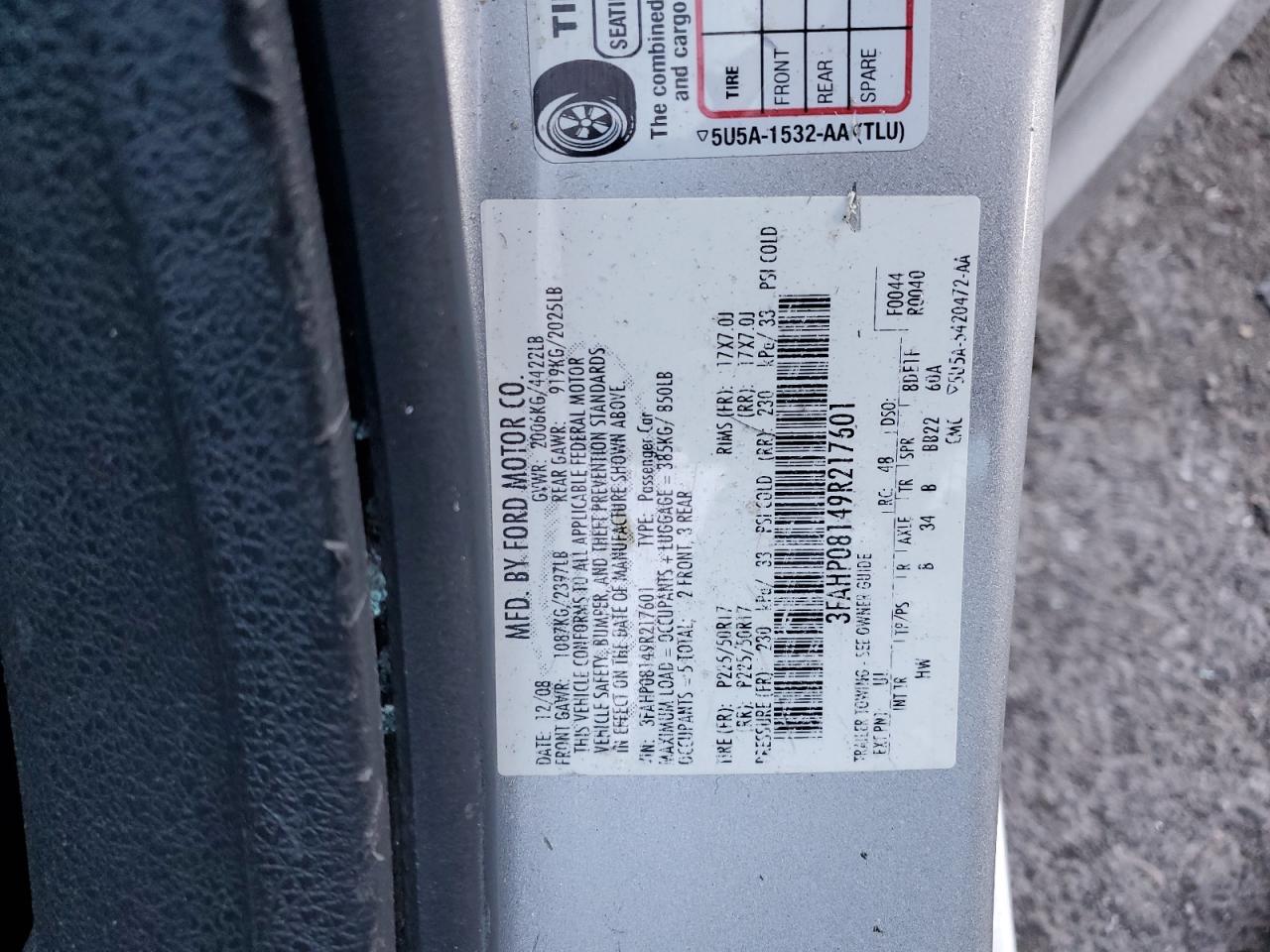 2009 Ford Fusion VIN 3FAHP08149R217601 photo 12