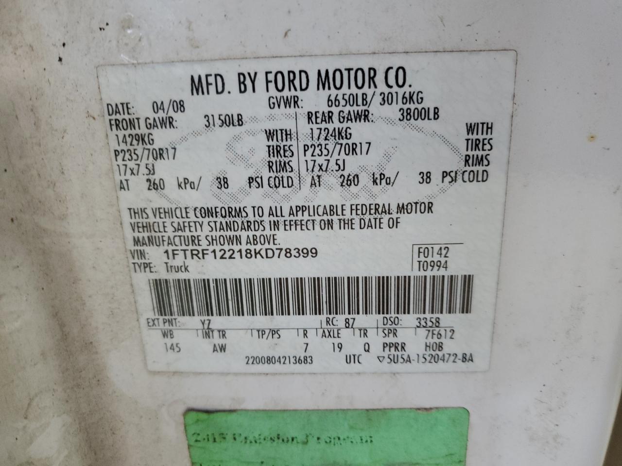 2008 Ford F150 VIN 1FTRF12218KD78399 photo 12
