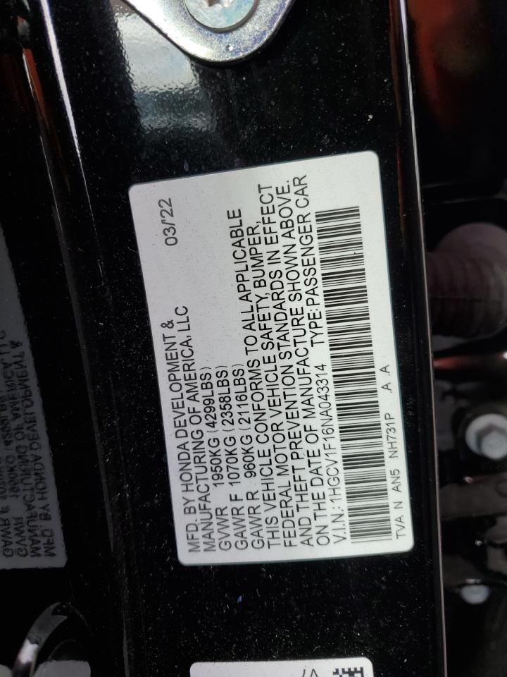 2022 Honda Accord VIN 1HGCV1F16NA043314 photo 12