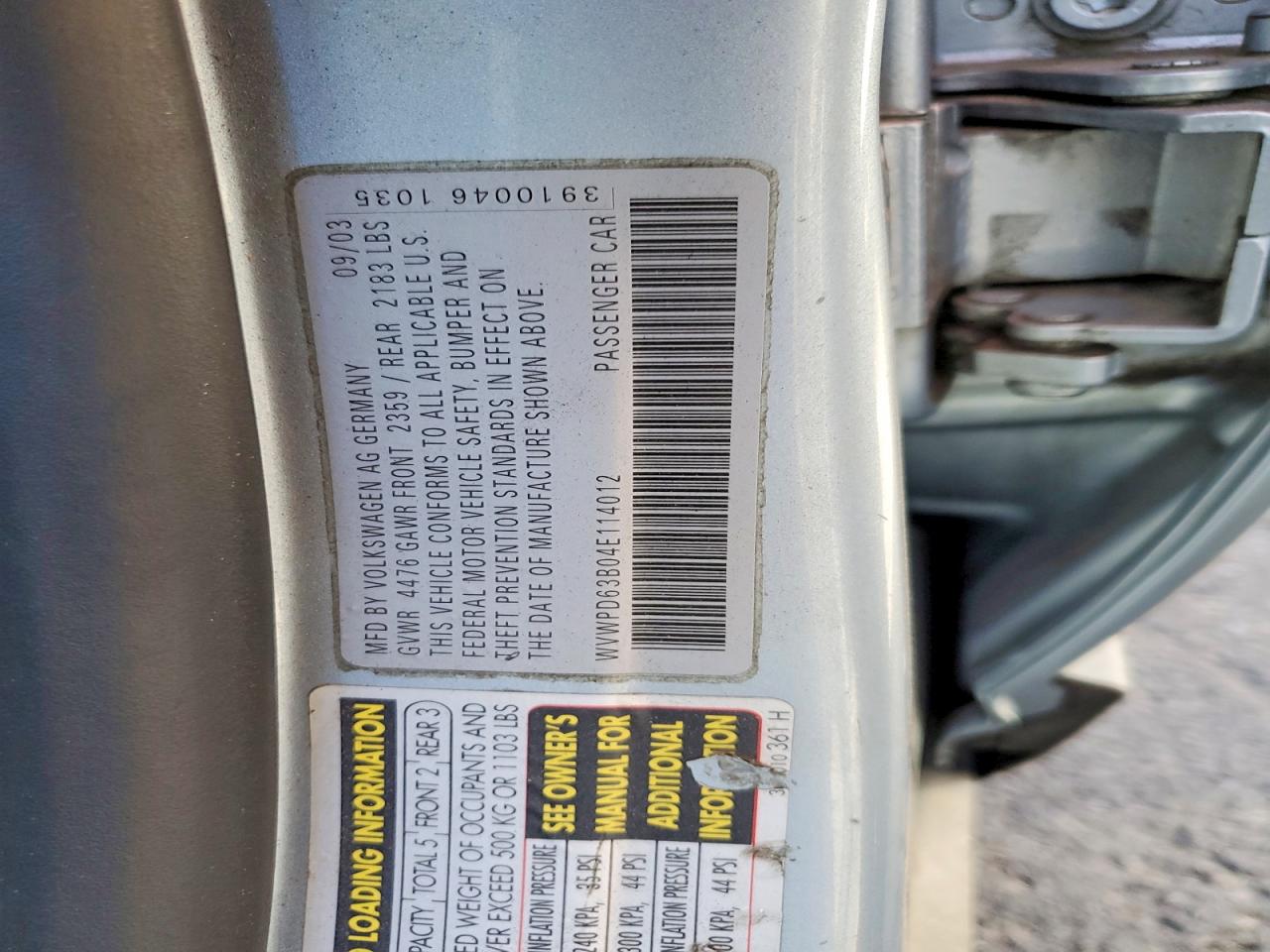 2004 Volkswagen Passat VIN WVWPD63B04E114012 photo 12